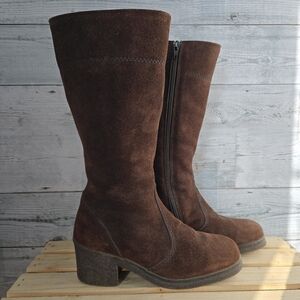 Vintage Pajar Suede Shearling Lining Mid Calf Heel Boots Brown Cream Size 7